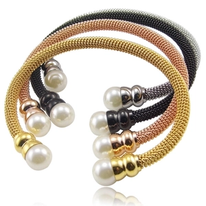 Stainless Steel Mesh Wire Cuff Bracelet With Faux Artificial Pearl Elegant Adjustable Twisted Bangle For Women