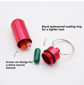 Detail of red aluminum pill box with waterproof rubber seal and screw cap design