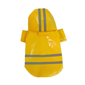 Front view of yellow waterproof dog raincoat with gray reflective safety strips on hood