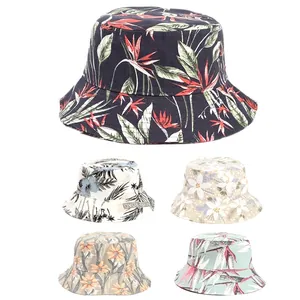 Women Bucket Hat Cotton Linen Floral Leaf Print Wide Brim Sun Protection Breathable Summer Outdoor Beach Casual Hat
