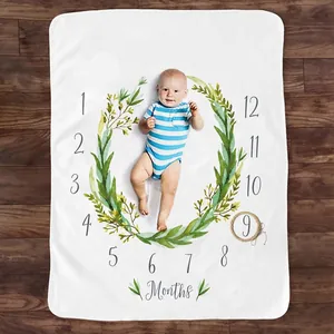 Detail of baby milestone blanket on dark wood floor with flower wreath and months