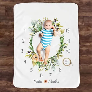 Baby monthly milestone blanket with floral wreath and numbers on white flannel fabric
