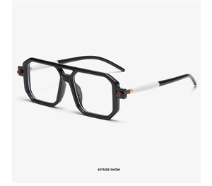Detail view of square black sunglasses with white and wood-grain textured temples at 45-degree