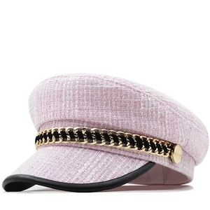 Pink tweed octagonal cap for women with flat top and stylish gold chain accessory