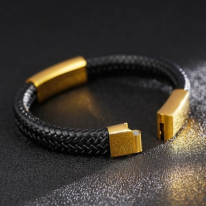 Minimalist black braided leather bracelet with golden stainless steel magnetic clasp