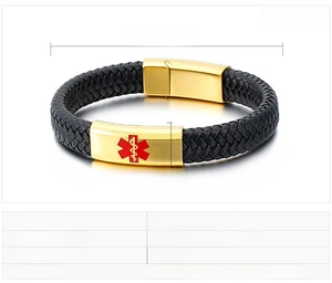 Detail view of medical alert bracelet with black leather strap and golden plate