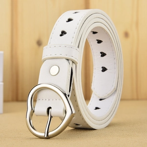 White faux leather belt with silver heart buckle and heart-shaped hollow cutouts