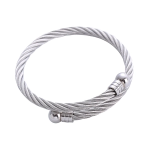 Fashion twisted wire stainless steel open bangle with spherical ball ends in silver