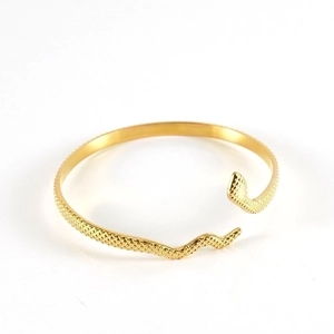 Golden stainless steel snake-shaped open bangle featuring detailed scale textures