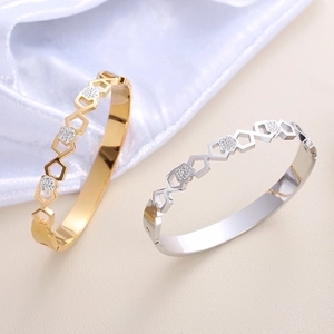 Hollow Hexagon Honeycomb Bangle Stainless Steel Rhinestone Inlaid Adjustable Open Cuff Minimalist Geometric Jewelry Women
