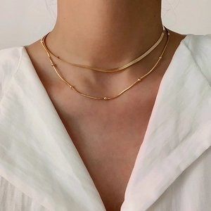 Double Layer Stainless Steel Necklace Flat Snake Chain Beaded Clavicle Chain Vacuum Plated Jewelry For Women