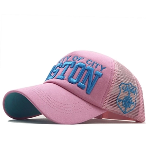 Detail of Boston City 3D embroidery on pink and blue mesh trucker baseball cap
