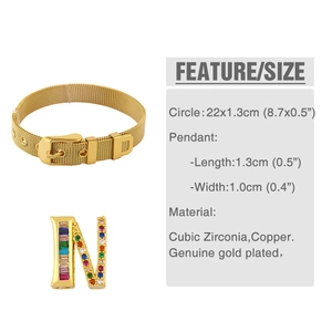Detail view of adjustable gold mesh bracelet with zircon letter N pendant and dimensions