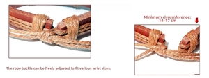 Detail view of adjustable brown leather bracelet with 14 to 17cm braided rope closure