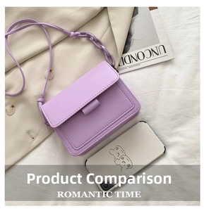 Close-up of small purple PU crossbody bag with chain strap and size comparison to phone