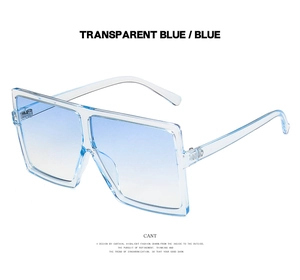 Detail view of transparent blue oversized square sunglasses with gradient blue lenses