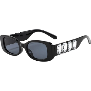 Luxurious black rectangle sunglasses with large crystal embellishments on thick temples