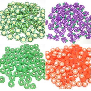 Mixed set of 10mm fruit polymer clay beads including lime, grape, kiwi and orange