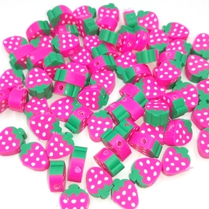 Bulk pink strawberry polymer clay beads with green leaves for DIY jewelry making