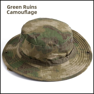 Detail of green ruins camouflage tactical boonie hat with side vents and webbing