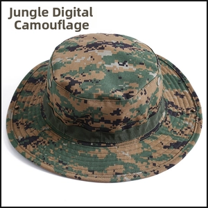 Detail of jungle digital camouflage boonie hat with tactical webbing and metal eyelets
