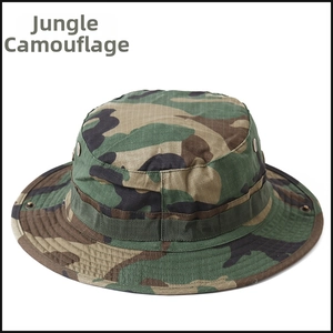 Detail view of jungle camouflage boonie hat with metal eyelets and tactical webbing