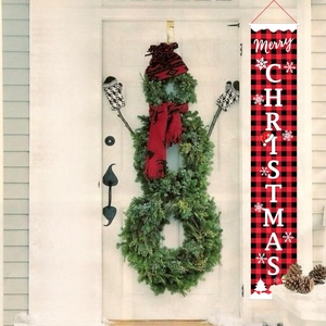 Christmas door banners featuring red and black plaid Merry Christmas and Happy Holidays prints