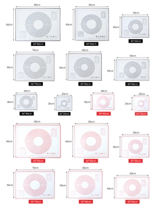 Size comparison chart of platinum silicone baking mats in various dimensions and colors
