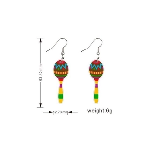 Detail of colorful striped maraca earrings with specific size and weight measurements