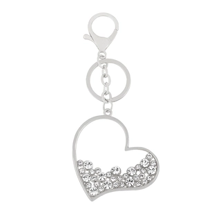Rhinestone heart keychain in silver alloy with sparkling crystals and lobster clasp