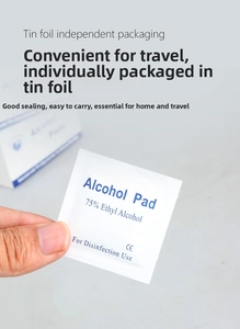 Macro shot of 75% ethyl alcohol prep pads in foil packaging with CE certification mark