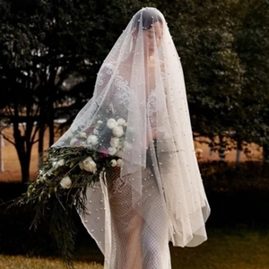 French vintage bridal white tulle veil with pearl accents for weddings and photoshoots