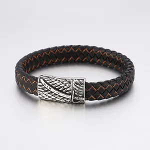 Men Braided Leather Bracelet With Stainless Steel Magnetic Clasp Punk Retro Feather Anchor Skull Nautical Jewelry