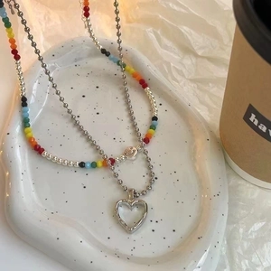 Rainbow crystal beaded necklace set with silver heart and smiley face pendants