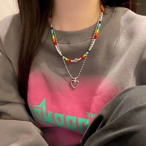 Rainbow beaded layered necklace with smiley face and open heart pendant for women