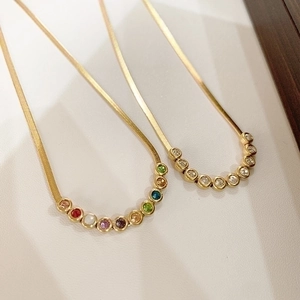 Titanium steel snake chain necklace with colorful round cubic zirconia curved pendant