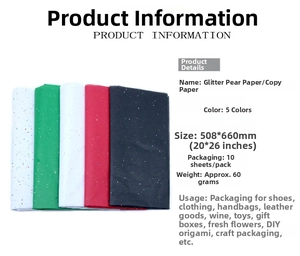 Detailed size specifications for 508x660mm glitter tissue paper in five various colors