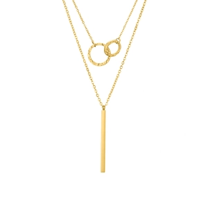 Minimalist double-layered gold necklace with interlocking rings and vertical bar pendant