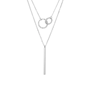 Silver layered stainless steel necklace with textured ring and vertical bar pendants