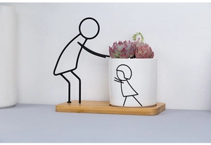 Minimalist white ceramic succulent pot with creative black iron wire frame on bamboo base