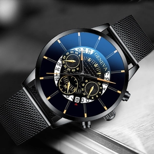 Detailed view of Geneva men's luxury watch with blue dial and black alloy mesh strap