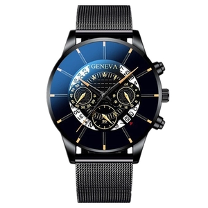Detail of blue sunray dial with golden markers and black mesh strap on Geneva men's watch