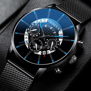 Macro shot of Geneva black mesh strap watch featuring blue markers and a multi-dial face