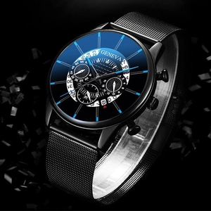 Detailed view of Geneva men's luxury watch featuring a blue dial and black mesh strap