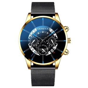Close-up of Geneva gold case watch with black mesh strap and blue gradient dial