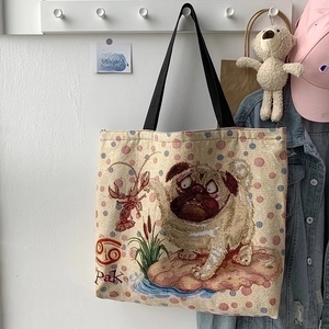 Canvas tote bag featuring pug and lobster illustration with stylish polka dot patterns