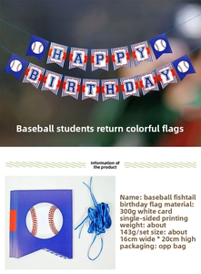 Detailed view of Happy Birthday baseball banner with card dimensions and material specs
