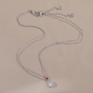 Double layer silver necklace with pink gemstone and white zircon pendant for women