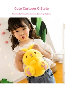Detail showing the crossbody plush yellow rabbit bag worn by a child in a home setting