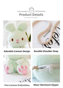 Detailed views of light green plush bunny bag showing embroidery and thick cotton strap